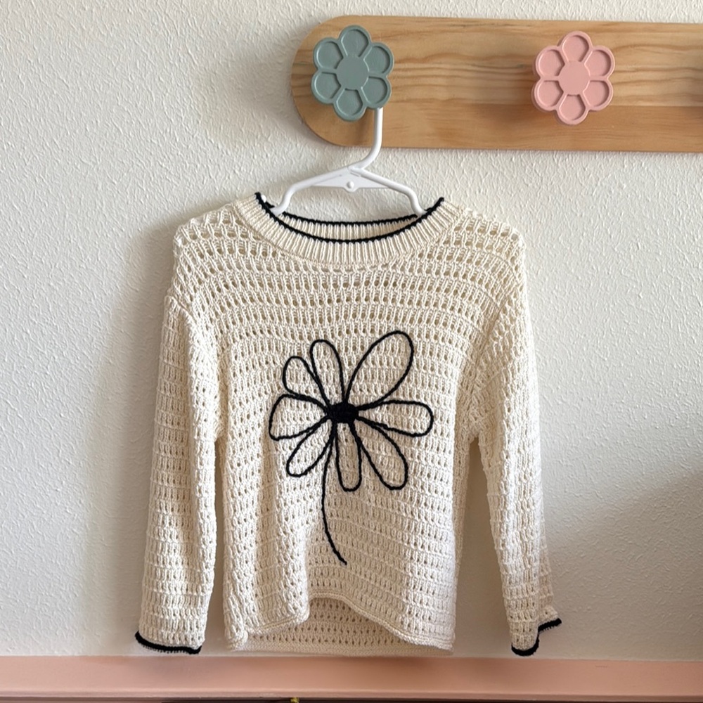 Zara Girl Cream Crochet Sweater with Black Flower Design
